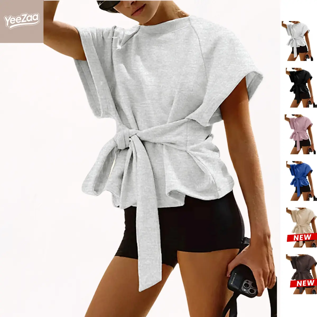 YeeZaa Women's Tie Knot Wrap Top 4th of July Holiday Summer 2026 Short Sleeve Sweatshirt Crewneck Lightweight Dropped Shoulders Scoop Neckline Casual Athleisure Tee Fashion Clothes for Workout Lounging Everyday Wear