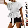 YeeZaa Women's Tie Knot Wrap Top 4th of July Holiday Summer 2026 Short Sleeve Sweatshirt Crewneck Lightweight Dropped Shoulders Scoop Neckline Casual Athleisure Tee Fashion Clothes for Workout Lounging Everyday Wear