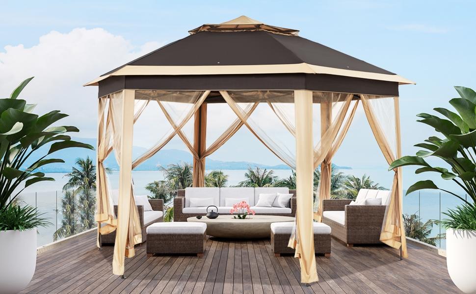 【Button Lift&Lock】Yaheetech 13x13 Pop up Gazebo, Hexagonal Outdoor Canopy Shelter, Instant Patio Gazebo Sun Shade Canopy Tent with Double Tiers & Mesh Netting for Lawn, Garden, Backyard & Deck 【Button Lift&Lock】Yaheetech 13x13 Pop up Gazebo, Hexagonal Outdoor Canopy Shelter, Instant Patio Gazebo Sun Shade Canopy Tent with Double Tiers & Mesh Netting for Lawn, Garden, Backyard & Deck