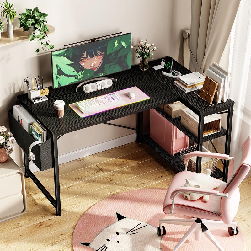 【Dorm Room Gaming Setup】Raybee 39"/47" L Shaped Gaming Desk Born for Dorm & Apartments, Sturdy Computer Desktop with Power Outlets,USB,Reversible Corner Table, Side Shelves & File Pocket for Home Office Use,Study desk for teenagers