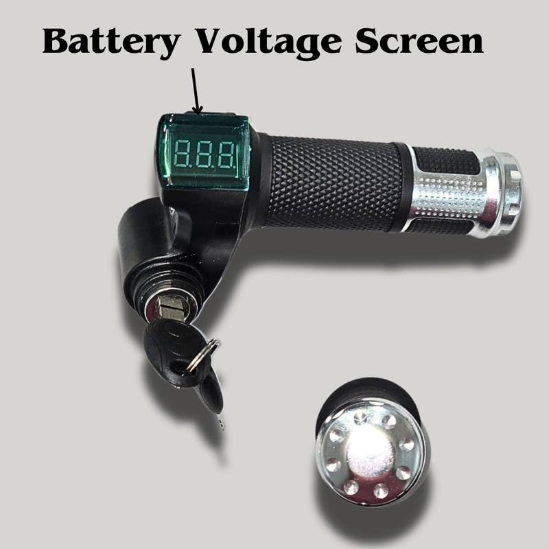 12-84V Universal Voltage LCD Bike Throttle Grip: Real-Time Voltage Display, Automatic Battery Health Monitoring, 5-Wire System, and Wide Compatibility for E-Bikes, Scooters, and Tricycles.