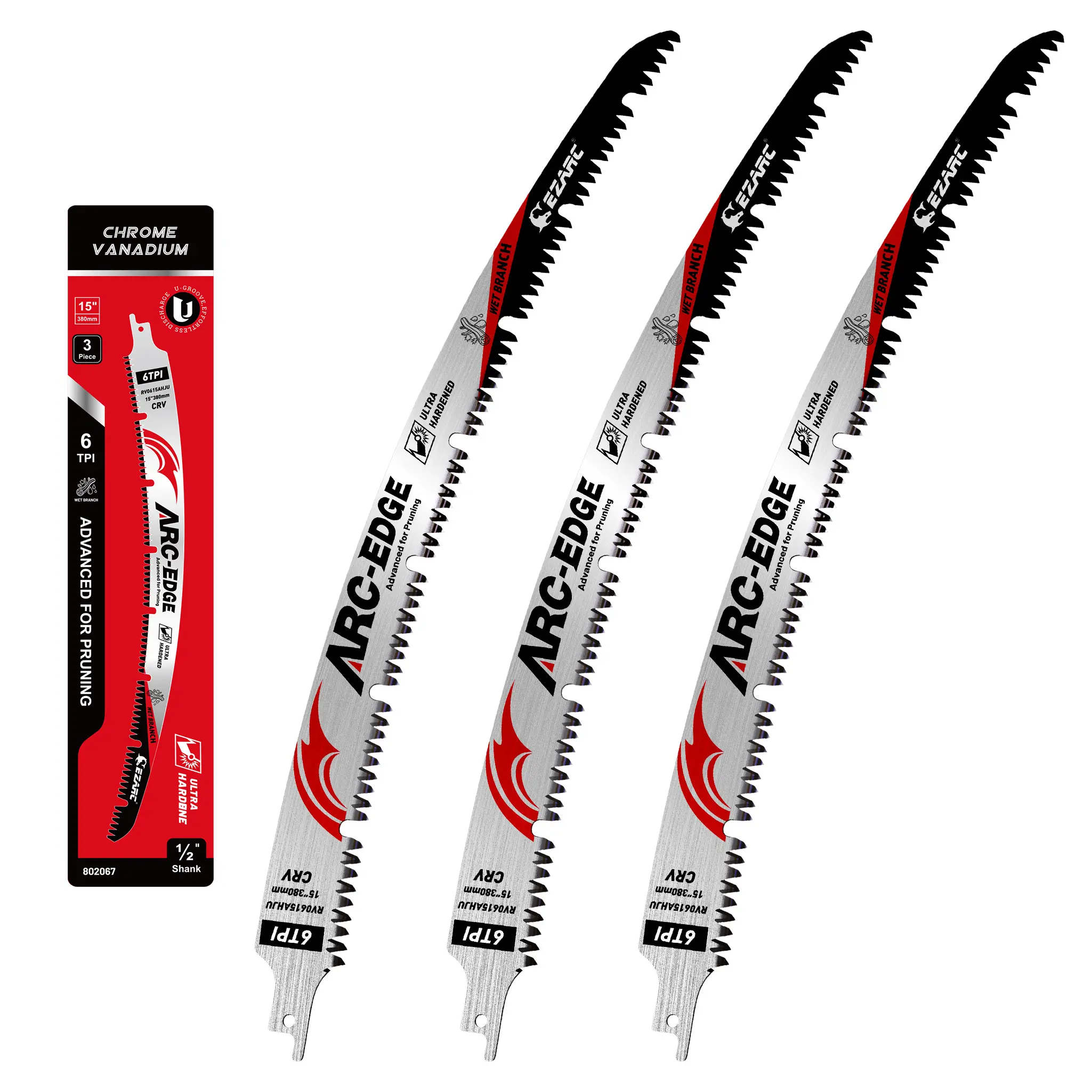 EZARC Tools ProCut 15 inches (380mm) Heavy Duty Curved Reciprocating Saw Blades 3-Pack - 6 TPI Japanese Forged Steel Teeth, U-Groove Active Chip Ejection, Anti-Bind Hardware for Wet Wood, Tree Trimming (Work Tools, Hardware), High Quality Steel