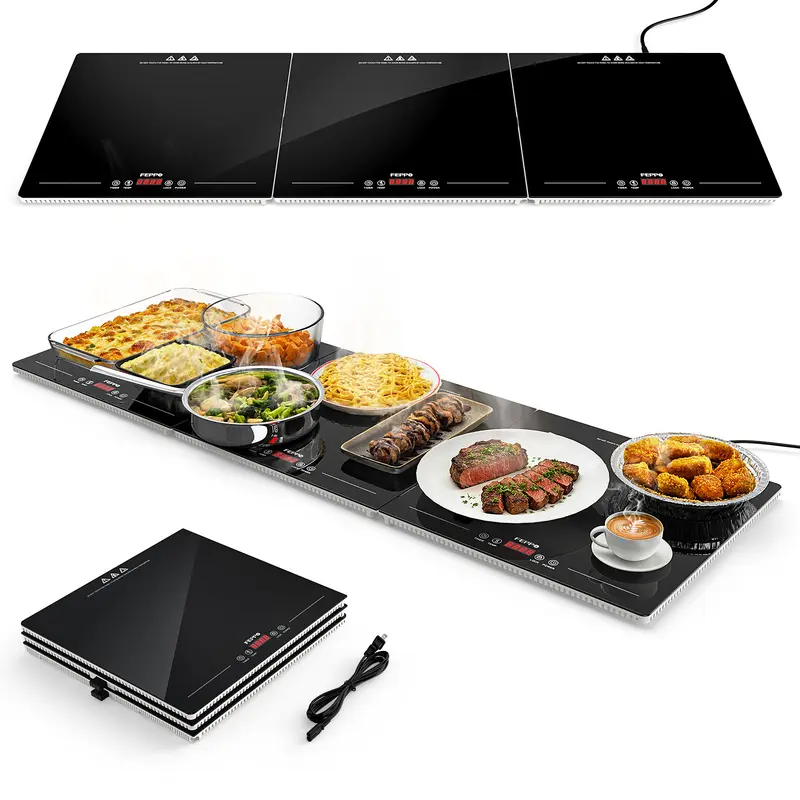 FEPPO 2026 Electric Food Warming Tray - 47"x15" Rectangular Kitchen Appliances with Independent Temp & Timer Control, 10 Heat Levels, Tempered Glass Warming Mat, Child Lock, Modern Design for Family Meals, Parties