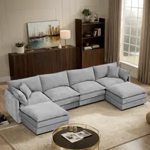 Eyisean 130.7" Chenille Modular Sectional Sofa with 2 Detachable Ottoman, 4-Seater U Shaped Convertible Cloud Couch with 2-Layer Upholstered & Pillows, Oversized Comfy Sleeper Sofa for Living Room, Bedroom, Easy Assembly