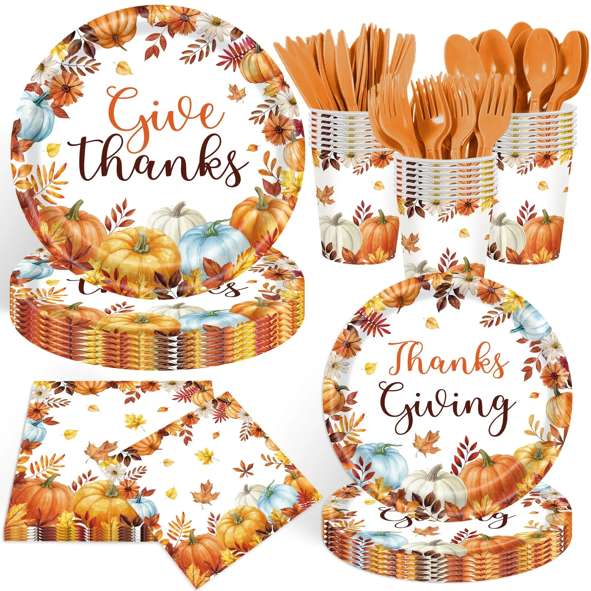 Thanksgiving Disposable Tableware Set 140Pcs, Pumpkin Autumn Paper Plates Cups Napkins Cutlery for Fall Thanksgiving Party