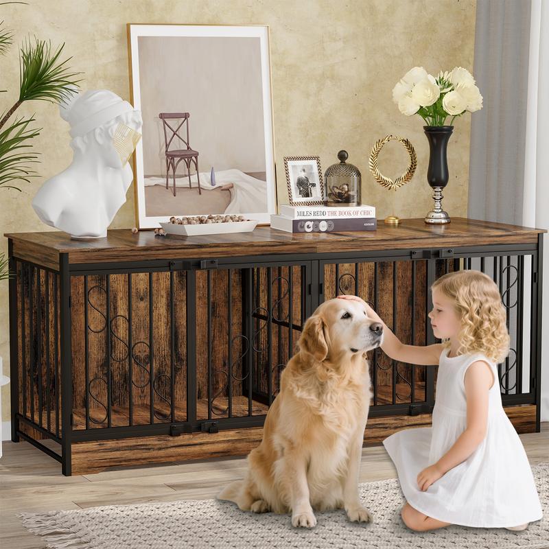 71 Inch Double Dog Crate Furniture Large Breed for 2 Dogs, Decorative Wooden Dog Crates Indoor Dog Kennel TV Stand for Medium Dogs, Dog Cage Furniture Heavy Duty Pet House with Divider, Brown