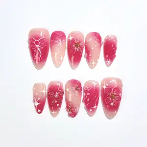GakuNails PINK GLOW 10 PCS Medium Almond Handmade Press On 3D Flower Charm Builder Gel selectable size Reusable Nails