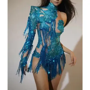 Sexy Tight Bodysuit Singer Dancer Performance Stage Costume Shiny Blue Rhinestone Women's Dance Costume Fringe One-Shoulder Jumpsuit Womenswear Sky