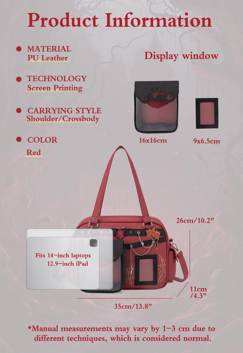 KabaqooOfficial Qin Che Anime Ita Bag for Women Red Large Crossbody Bag with Clear Front Pocket Perfect for Pins Charms & Collections