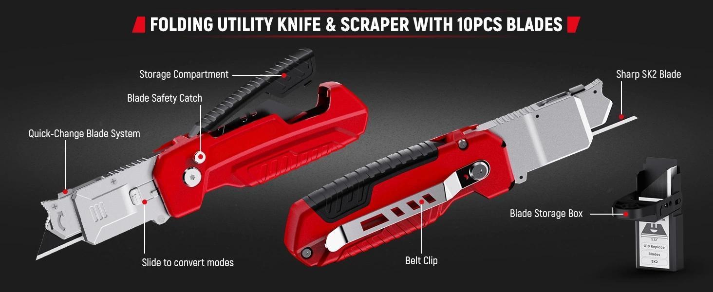Utility Knife & Scraper, 2-in-1 Folding Box Cutter with Blade Storage, - Zinc Alloy Body, Retractable Design, EDC Tool for Home, Office, DIY - Red   Fixed Blade  Tool