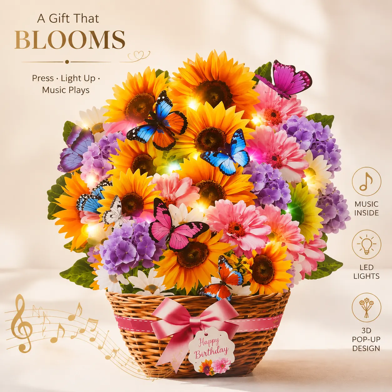 3D Sunflower Bouquet Pop-Up Musical Light-Up Office Stationery Greeting Card with Card Design - Gift for Mom, Wife, Vivid