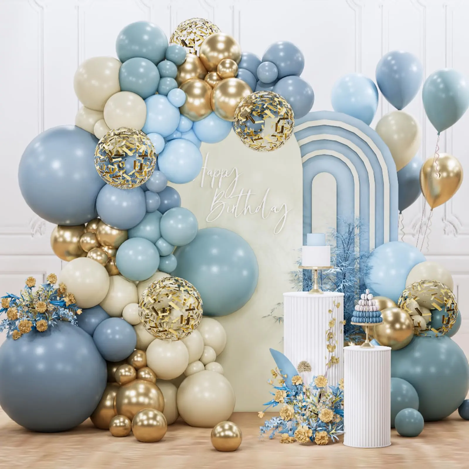 PartyWoo Dusty Blue Round Balloon Arch Garland Kit (142pcs) - 18/12/10/5in Light Baby Blue, White, Sand Gold Confetti Boho Balloons for Gender Reveal, Baby Shower, Wedding Decorations, Graduation Party Decor,