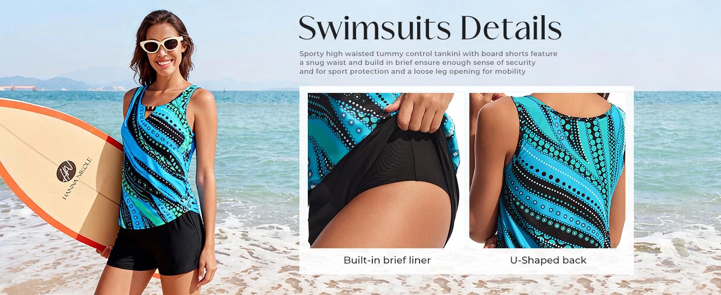 【S-2XL】Hanna Nikole Women 2 Piece Tankini Swimsuits Modest Bathing Suit Beads V Neck Swimwear with Sporty Swim Shorts Pockets