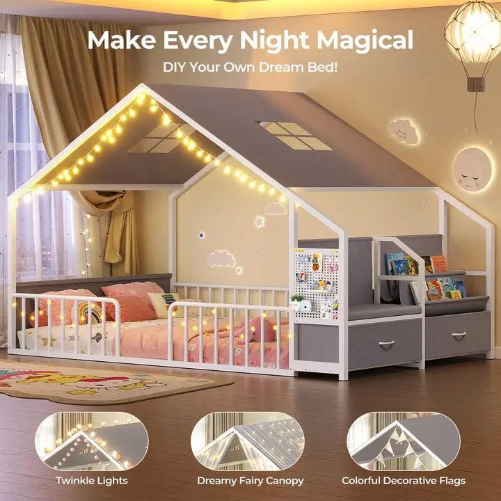 ADORNEVE Full-Size Toddler Floor Bed - Modern House Shape DIY Furniture with Safety Guardrails, Reading Nook, Bookshelves, Fabric Drawers, Metal Frame, 24/7 Customer Service