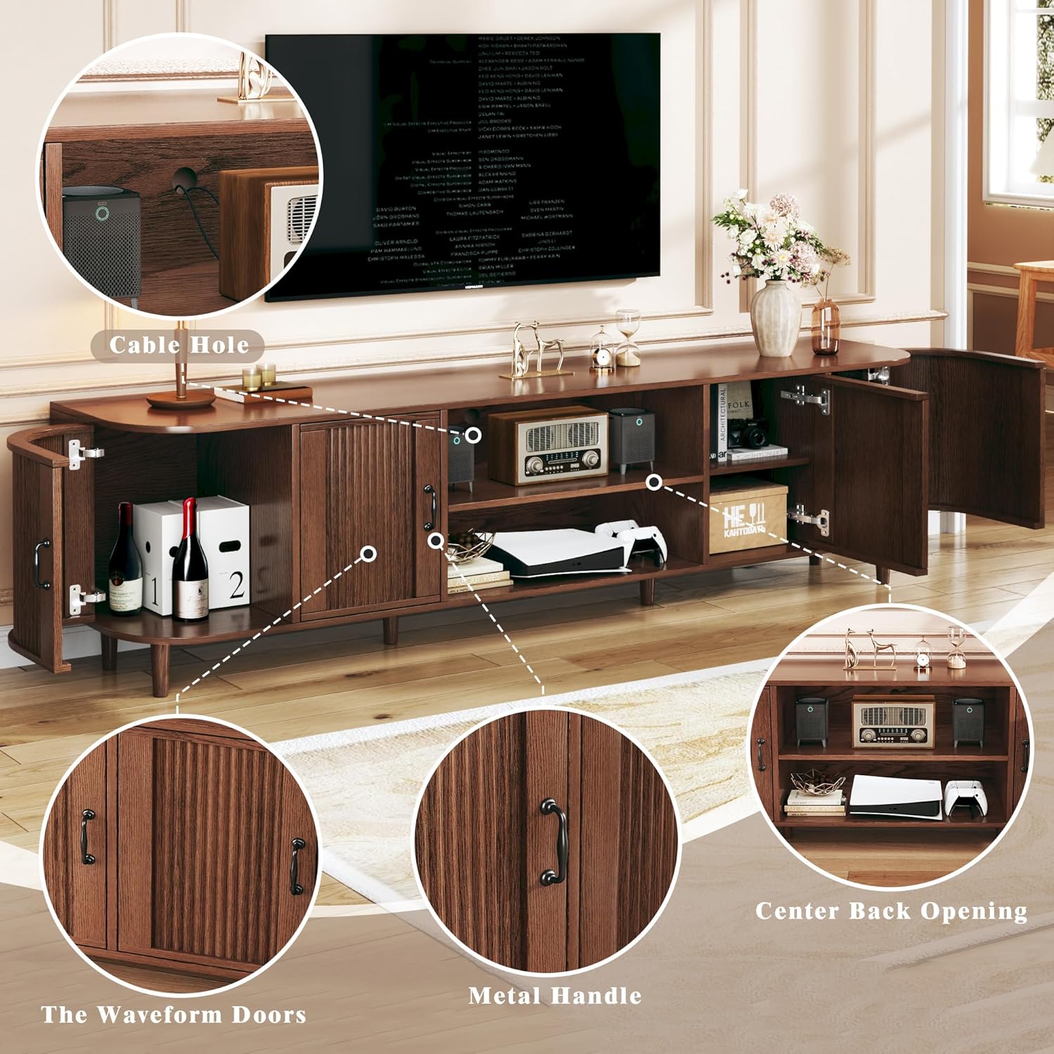 TV Stand for 75 inch TV, Mid Century Modern Entertainment Center for 55/60/65/75 inch TV, with Fluted Door Cabinets & Open Shelves, TV Consoles, Walnut