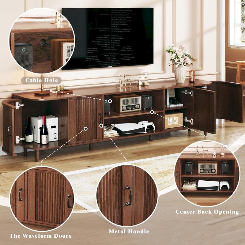 TV Stand for 75 inch TV, Mid Century Modern Entertainment Center for 55/60/65/75 inch TV, with Fluted Door Cabinets & Open Shelves, TV Consoles, Walnut TV Stand for 75 inch TV, Mid Century Modern Entertainment Center for 55/60/65/75 inch TV, with Fluted Door Cabinets & Open Shelves, TV Consoles, Walnut