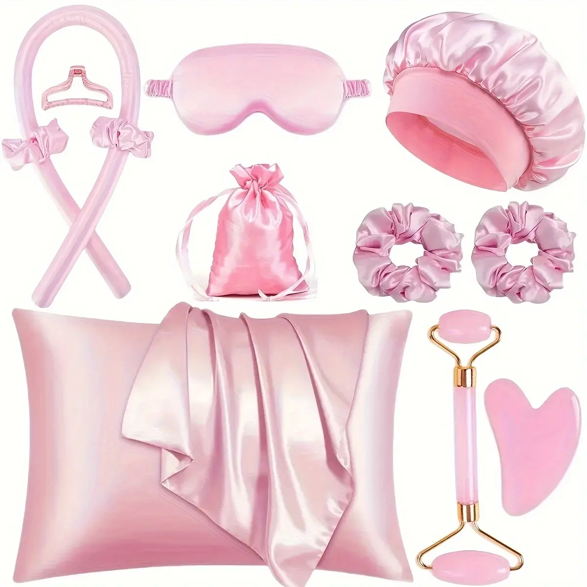 12 Piece Sleep Hair Tool Set, Heatless Curling Set and Facial Massager, Soft Eye Mask and Satin Sleep Cap, Perfect Gift for Christmas and Valentine's Day, Heatless Styling Kit, Heatless Styling Tools