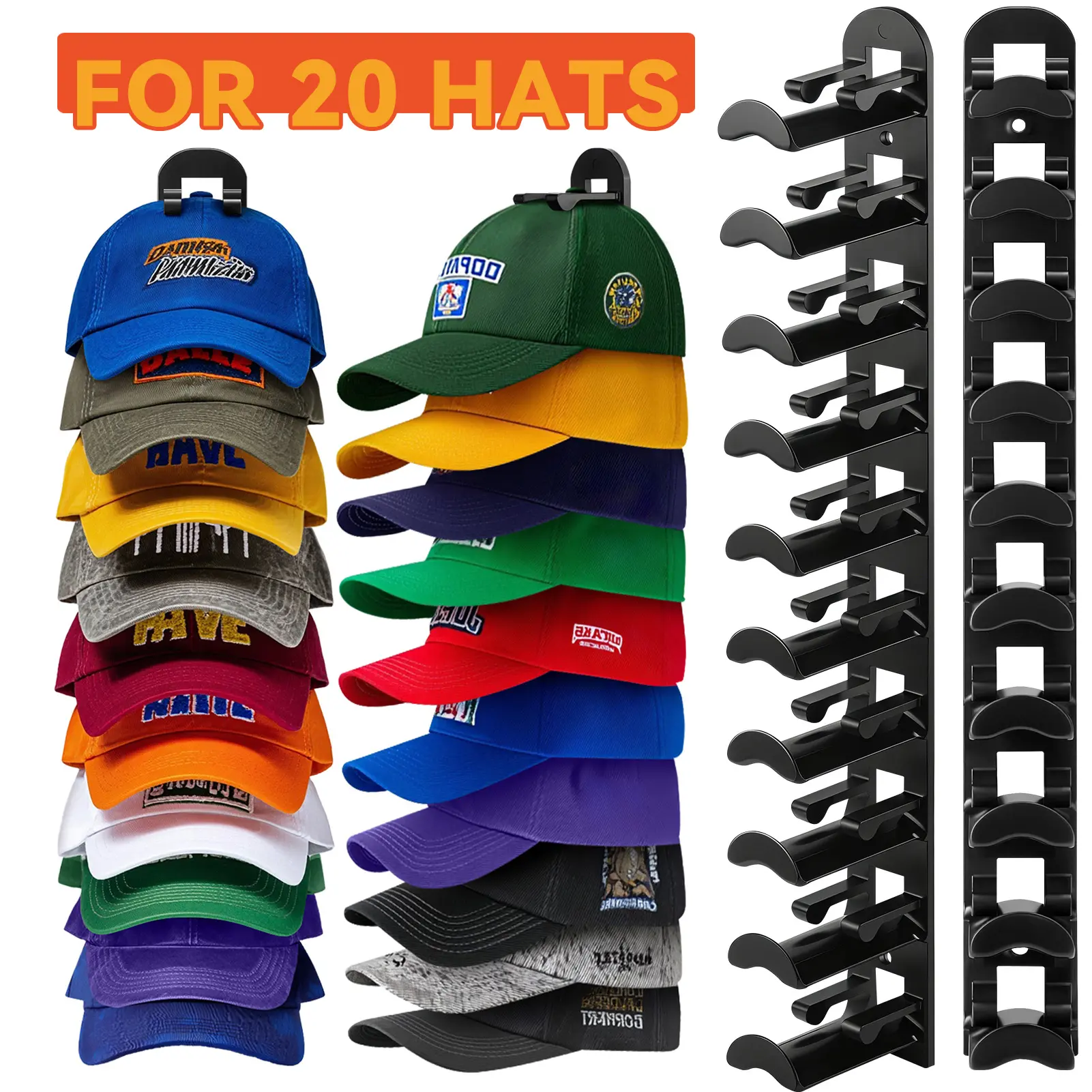 2-Pack Wall Hat Organizer - Hat Hanger Holder with Shelves, Wall Mounted Shelf Compatible, Holds 20 Baseball Caps, Strong Adhesive & Screw Mount Installation for Closet Door Bedroom, No-Crease Home Storage Rack (Multi-Warehouse Shipping)