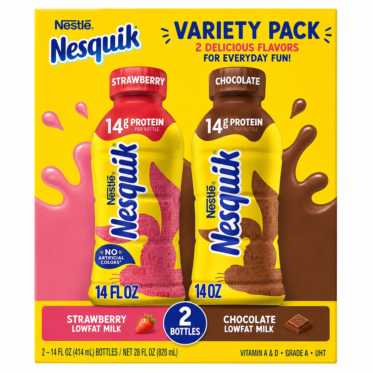 Nestlé Nesquik Variety Pack – Chocolate & Strawberry Low Fat Milk, Ready-to-Drink Breakfast Beverage, 2 Bottles (14 fl oz Each), High Protein Milk Drink