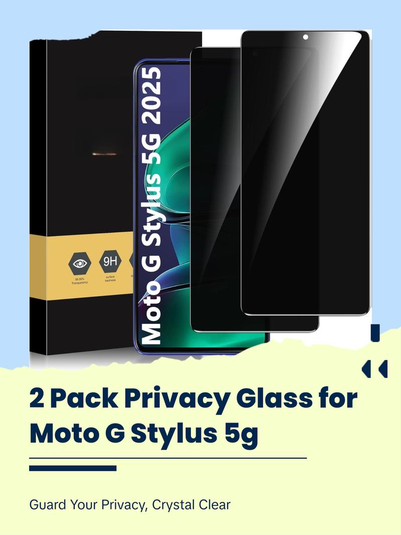 2 Pack Privacy Screen Protector for Motorola Moto G Stylus 5G 2025, Tempered Glass with Anti-Spy Feature, Sensitive Touch, Anti-Fingerprint, Easy Installation, No Bubbles, Case-Friendly Protection Crystal