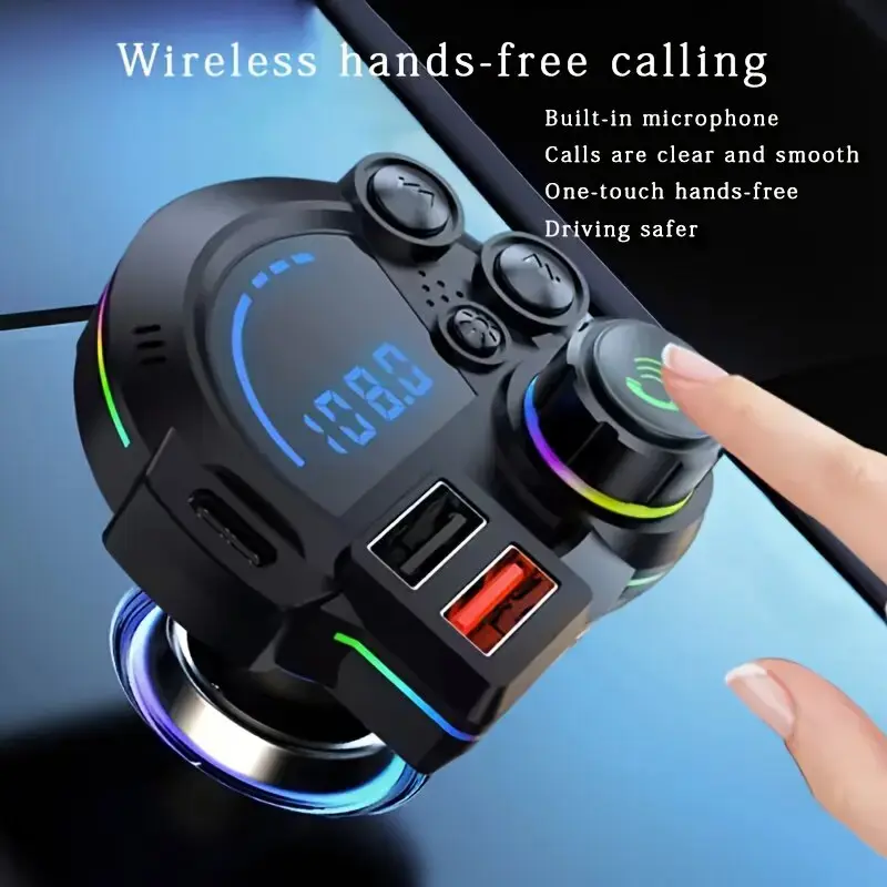 Bluetooth 5.3 Car FM Transmitter, 30W PD Fast Charging Wireless Radio Adapter & MP3 Player with Bass Boost, Hands-Free Calling & RGB Atmosphere Light – Essential Car Gadgets & Road Trip Accessories for iPhone & Android