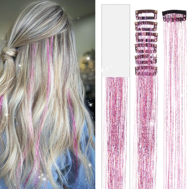 Hair Tinsel, 6pcs Clip in Hair Tinsel 24inch with Clips, Fairy Hair Sparkle Strands