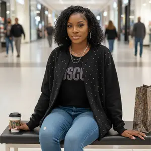 Rhinestone Sweatshirt Jacket, Long Sleeve, Plain Design, Casual Style, Medium Length, Suitable for Fall & Winter