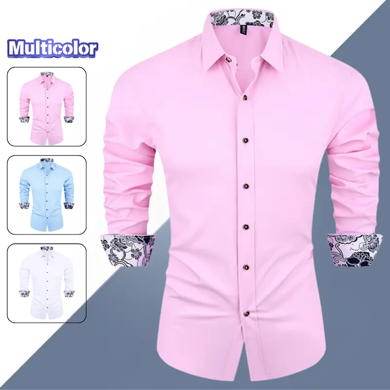 Men's Slim-Fitted Paisley Contrast Trim Dress Shirt - Casual Button Collar, Long Sleeves, Business Casual, Everyday Wear, Back to School Outfit Top,sohochic