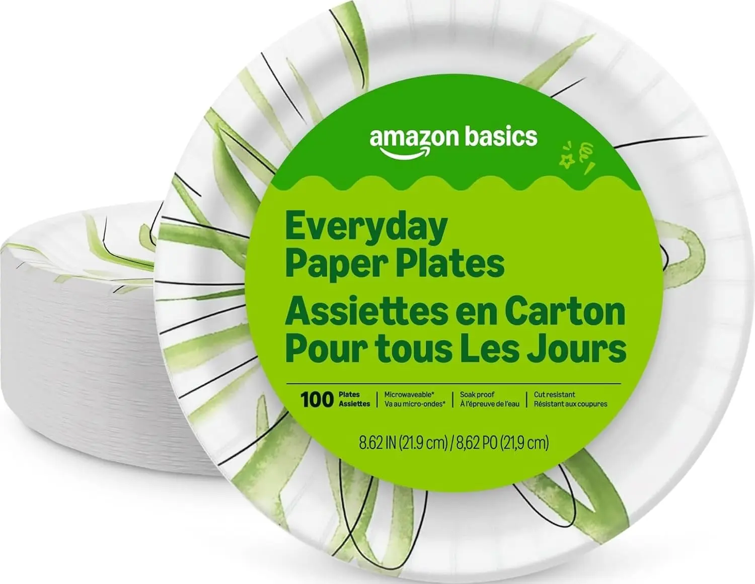 Amazon Basics Everyday Disposable Paper Plates, 8.62 Inch, Microwave-Safe, Cut Resistant, Soak-Proof, 100 Count, Packaging May Vary