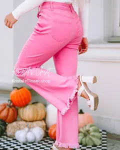 Pink High Waist Flare Leg Ripped Raw Hem Jeans