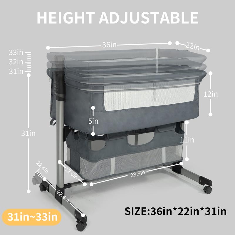 Baby Bassinet Bedside Crib Sleeper, Rocking Bassinet with Breathable Mesh Mattress Mosquito Net Adjustable Height Storage Net Bag Wheels Easy Folding Portable Bed for Infant Newborn