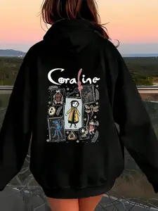 Cute Cartoon Pattern Print Long Sleeve Pocket Drop Shoulder Casual Hoodie Sweatshirt