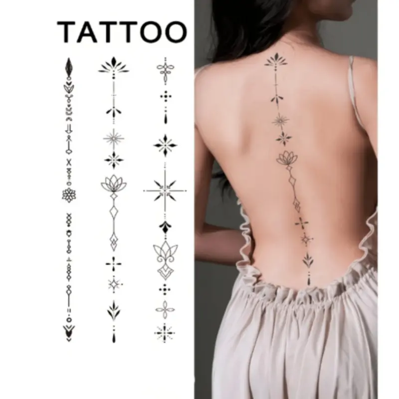 3-piece set of  Exquisite Back Geometric Stripes Realistic Matte Unique Lotus Pattern Temporary Tattoo Stickers Set, Fake Tattoos for Men & Women, Body Art for Arms Chest Legs Abdomen Waist Fingers Neck