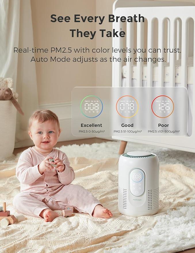 Momcozy Nursery Air Purifier, 4-Filter System with H13 HEPA & Carbon, Real-Time PM2.5 Air Quality Monitor & Display with 3-Color Status, Baby Air Purifier with 21 dB Sleep Mode, Dimmable Night Light