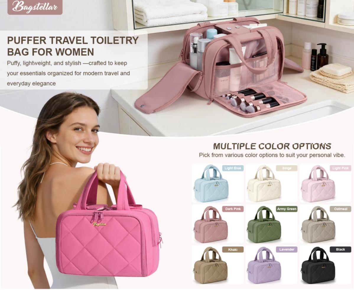 Bagstellar Wide-open Large Toiletry Bag, Lightweight Puffy Travel Bag for Women, Quilted Makeup Bag Organizer Water-resistant Cosmetic Bag with Handle for Toiletries, Essentials, Accessories