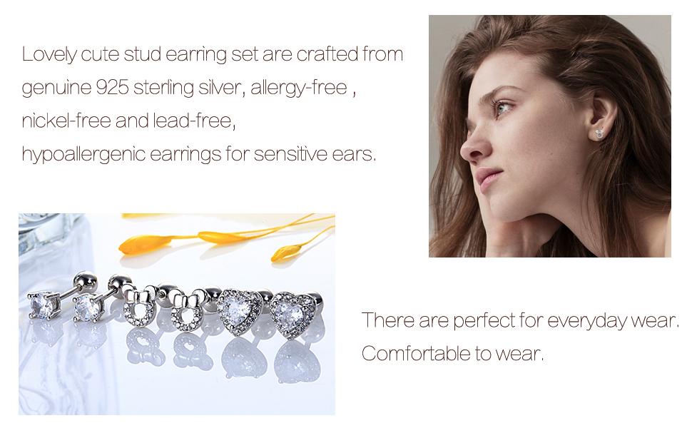Milacolato 3Pairs 925 Sterling Silver Stud Earrings for Women Girls Cubic Zirconia Heart Mouse Stud Earrings Hypoallergenic 18G Cartilage Tragus Helix Screwback Stud Earrings Set for Kids Toddlers Teens
