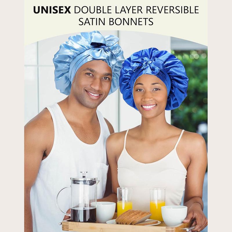 Double-Layer Solid Color Satin Bonnet Silk Like Texture Sleeping Cap for Women Curly Hair Wrap Adjustable Reversible with Tie Band Nightcap Bonnets