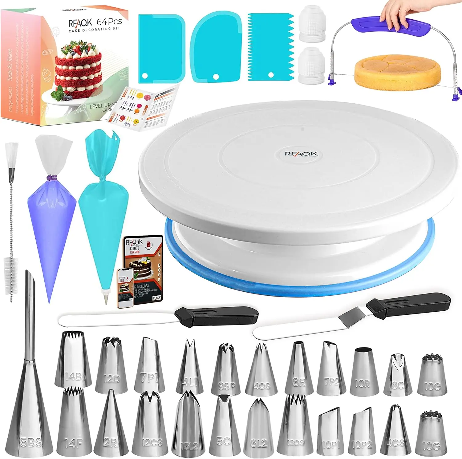 Bakeware 64PC Cake Decorating Kit with Stand, Leveler, 24 Piping Tips, Spatulas & Scrapers, Includes Booklet for Easy Baking and Decorating, Star, Smooth