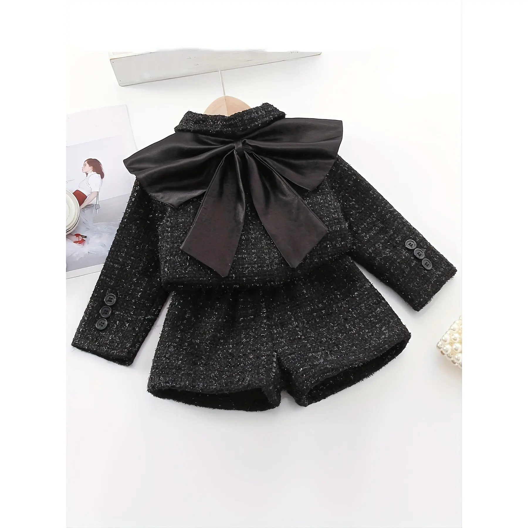 Elegant Girl Two Piece 100% Polyester| Turn-down Collar Slim Jacket + Button Detail Trapezoidal Hem Dress|  Long Sleeve Style|   Spring/Autumn