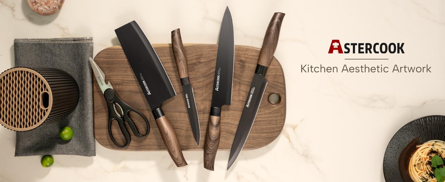 Astercook Knife Set, 6-Piece Kitchen Knife Set, Knife Set With Knife Block, (Black) Steel Stainless Steel Dishwasher Safe, Anti-slip Handle