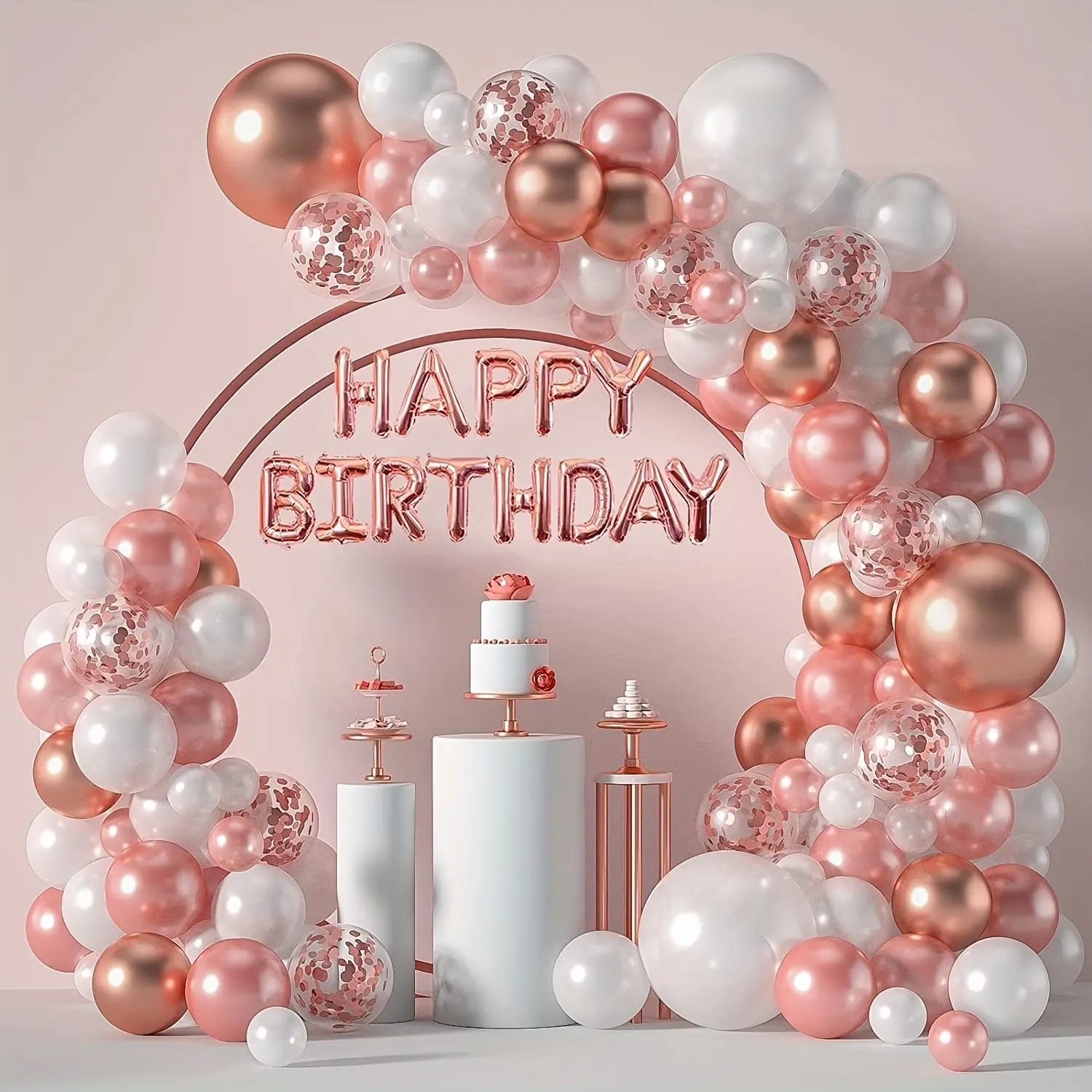 Rose Gold Balloon Garland Arch Kit - 120pcs 5/12/18in Arch Stand,Birthday Theme,Decorative,Festive Colorful Balloons (Rose Gold & White Confetti) with Supplies for Women's Events, Arch Stand Balloons