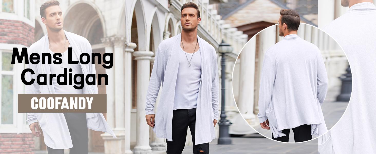 Coofandy Men's Black Ruffle Shawl Collar Cardigan Open Front Lightweight Long Length Drape Cape with Pockets Casual Fashionable Long Sleeve Tops