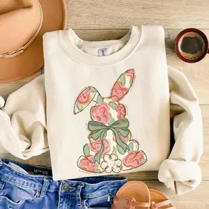 Easter Sweatshirt for women featuring a cute Easter bunny and rabbit design, cozy sweatshirt or tee perfect for spring celebrations and festive holiday outfits