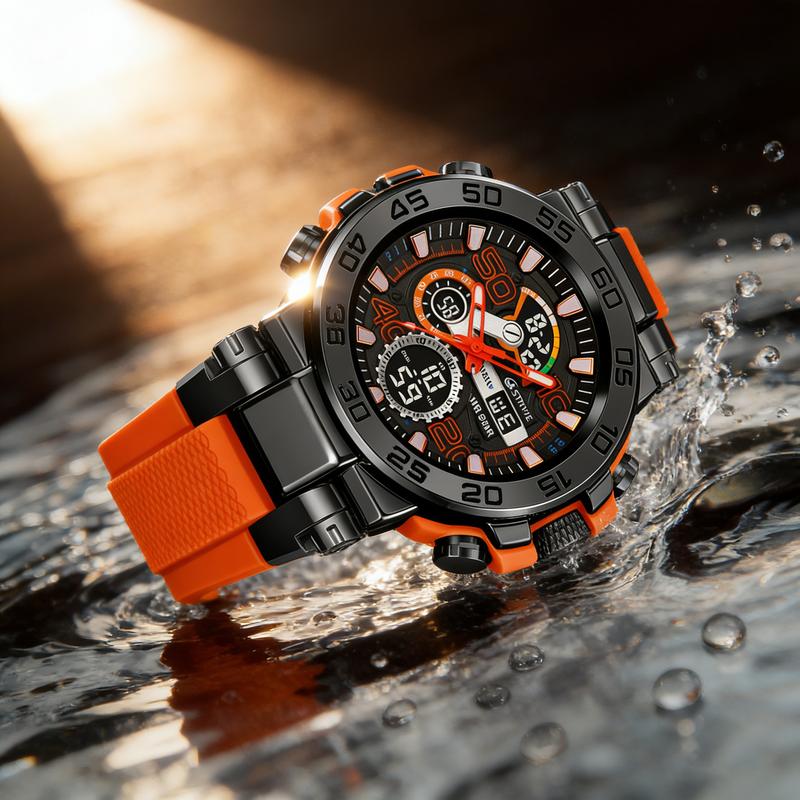 Men's Colorful Punk Style Quartz Watch Multi-FunctionalWater Resistant Dual Display Wristwatch  Trendy Fashion SportWatch  Birthday Gift with Tin Box