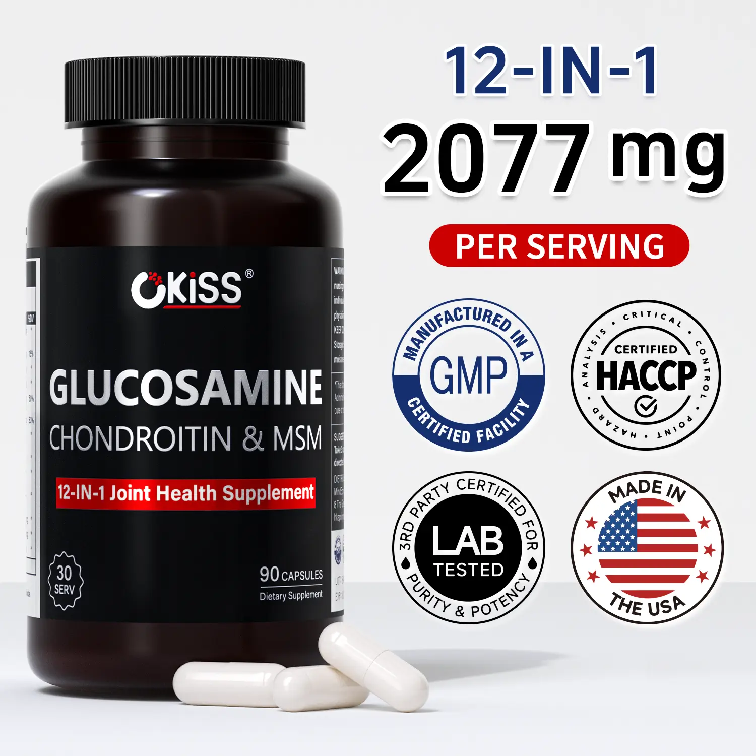 Okiss Glucosamine Chondroitin MSM 2077mg 12-in-1, Joint Support Supplement, Natural Height Increaser, 90 Capsules
