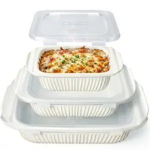 Artena 3-Piece Ceramic Casserole Set | 5.1Qt, 2.3Qt, 1.1Qt Deep Baking Dishes | Rectangular Lasagna Pan with Handles | Oven, Microwave & Dishwasher Safe Bakeware, Classic White