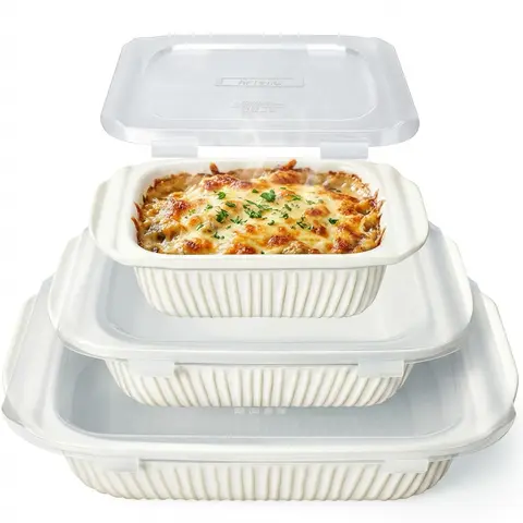 Artena Ceramic Casserole Bakeware Set with Lids - Rectangular Deep Baking Trays, White 5.1Qt/2.3Qt/1.1Qt Dishes, Oven-Safe Up to 500°F, Spill-Resistant Heat-Proof Handles, Durable, Dishwasher Safe, Golden-Brown Results for Holiday Feasts, Housewarmings