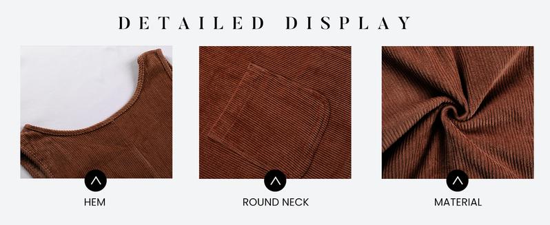 Tanming Women's Corduroy Overall Dress Round Neck A Line Skirtall Jumper Mini Dress Pinafore with Pockets Holiday Party Dress