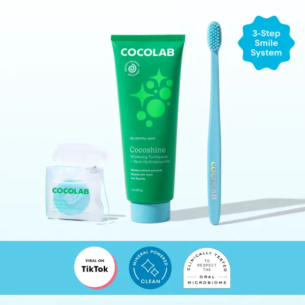 COCOLAB Super SmileCare System Bundle – 1 Cocofloss Dental Floss + 1 Cocobrush Toothbrush + 1 7oz Cocoshine Mint Whitening Toothpaste with 15.5% NanoXIM Nano-Hydroxyapatite— Dentist-Designed Oral Care for a Cleaner, Brighter Smile