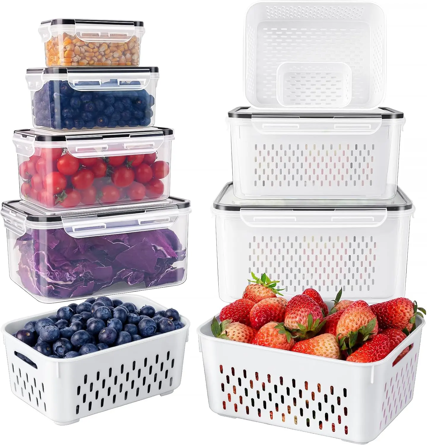 8/10/12 Pcs Large Fruit Containers for Fridge, Stackable Food Storage Containers with Removable Colander, BPA-Free, Airtight Storage Container to Keep Fruits, Vegetables, Berry, Meat Fresh longer